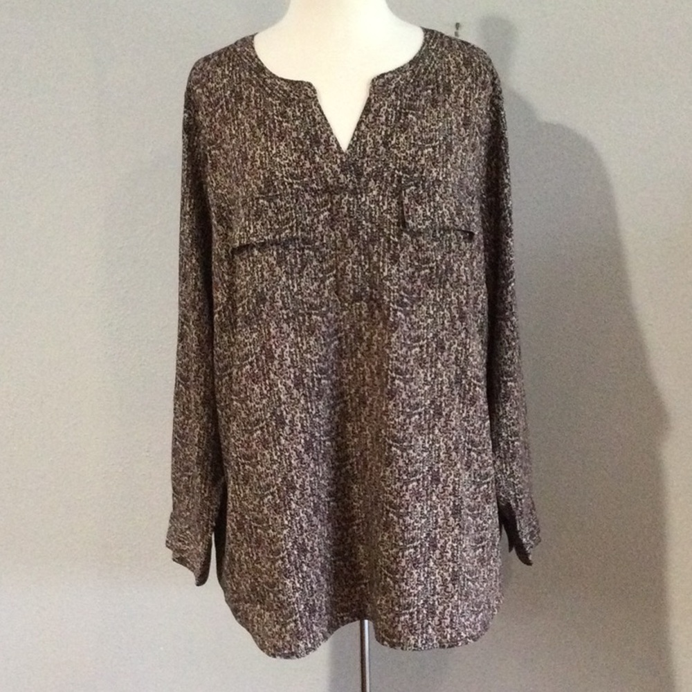 CJ Banks Leopard Print Double Front Pockets High/Low V-Neck Blouse 2X